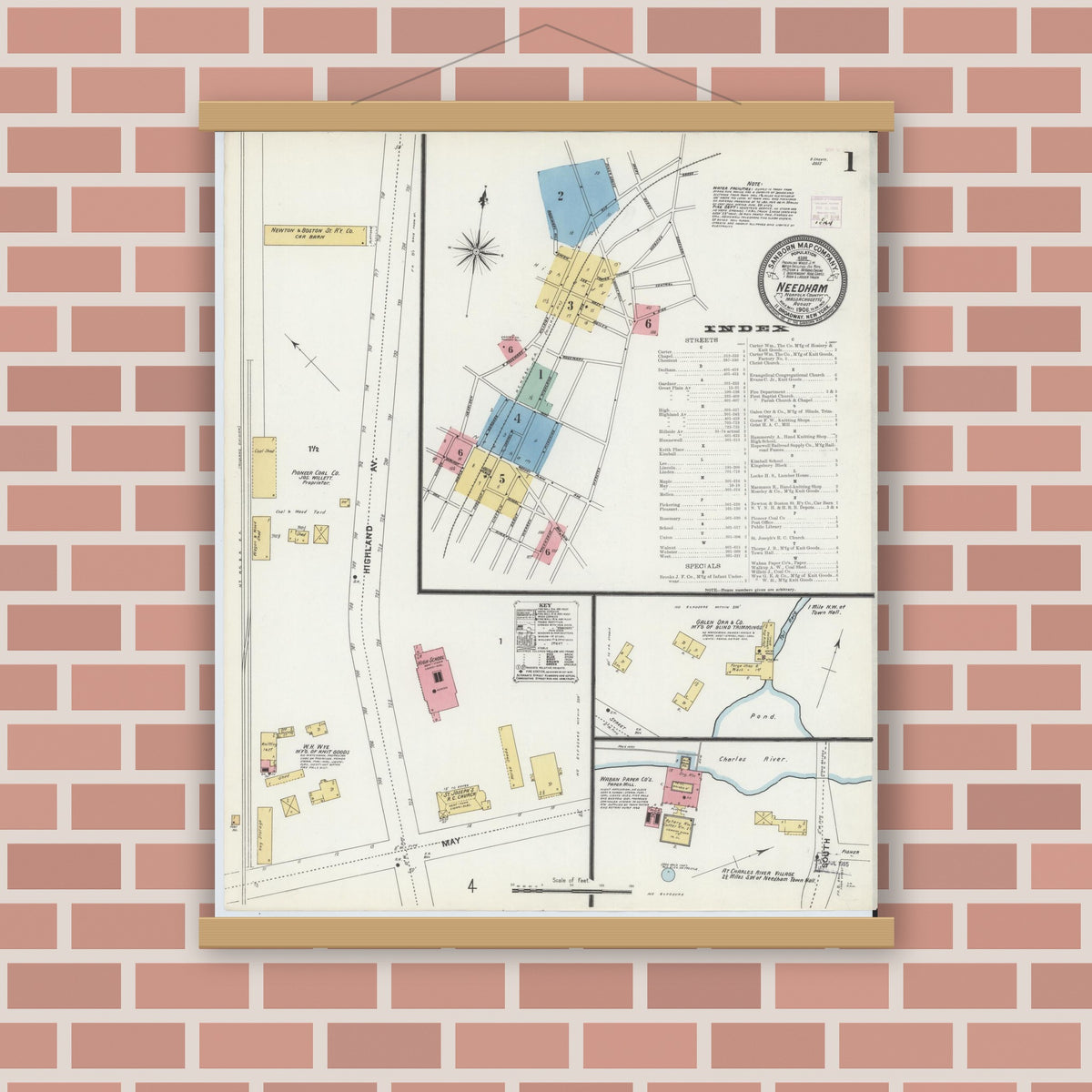 Old map wall art mockup — magnetic wood frame on brick wall — Sanborn Fire Insurance Map from Needham, Norfolk County, Massachusetts (1906), Sheet #0001