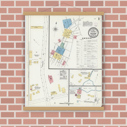 Old map wall art mockup — magnetic wood frame on brick wall — Sanborn Fire Insurance Map from Needham, Norfolk County, Massachusetts (1906), Sheet #0001