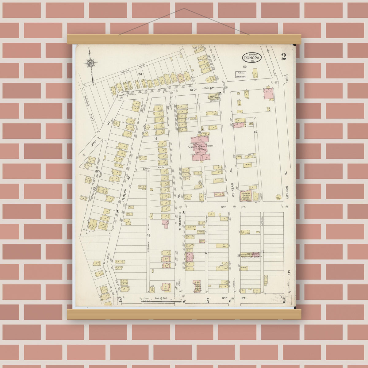 Old map wall art mockup — magnetic wood frame on brick wall — Sanborn Fire Insurance Map from Donora, Washington County, Pennsylvania (1914), Sheet #0002