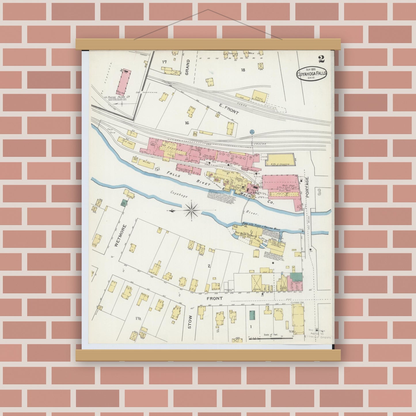 Old map wall art mockup — magnetic wood frame on brick wall — Sanborn Fire Insurance Map from Cuyahoga Falls, Summit County, Ohio (1893), Sheet #0002