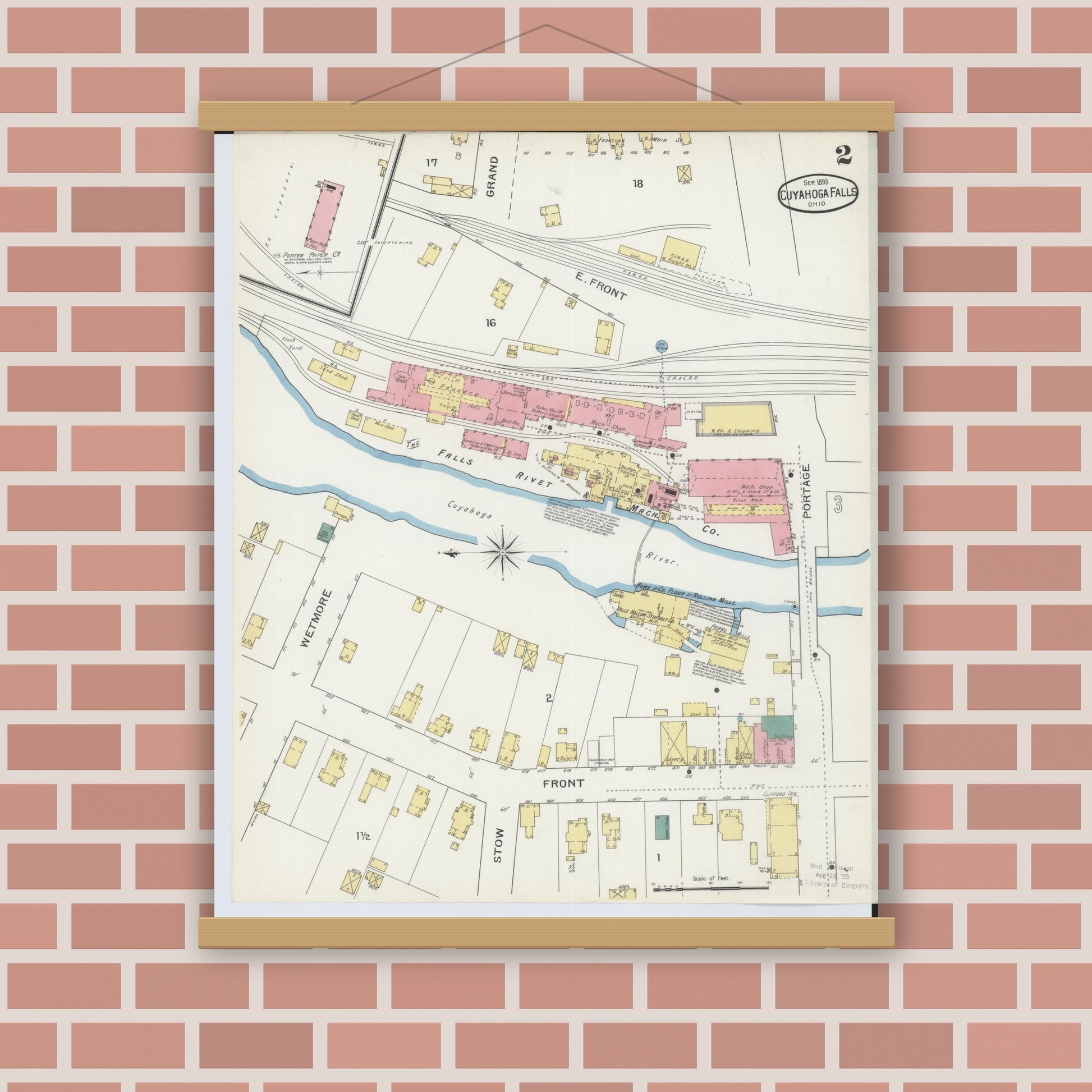 Old map wall art mockup — magnetic wood frame on brick wall — Sanborn Fire Insurance Map from Cuyahoga Falls, Summit County, Ohio (1893), Sheet #0002