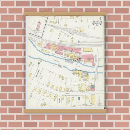 Old map wall art mockup — magnetic wood frame on brick wall — Sanborn Fire Insurance Map from Cuyahoga Falls, Summit County, Ohio (1893), Sheet #0002