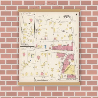 Old map wall art mockup — magnetic wood frame on brick wall — Sanborn Fire Insurance Map from Mount Airy, Surry County, North Carolina (1922), Sheet #0005