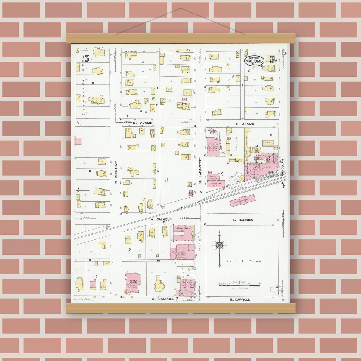 Old map wall art mockup — magnetic wood frame on brick wall — Sanborn Fire Insurance Map from Macomb, Mcdonough County, Illinois (1924), Sheet #0005