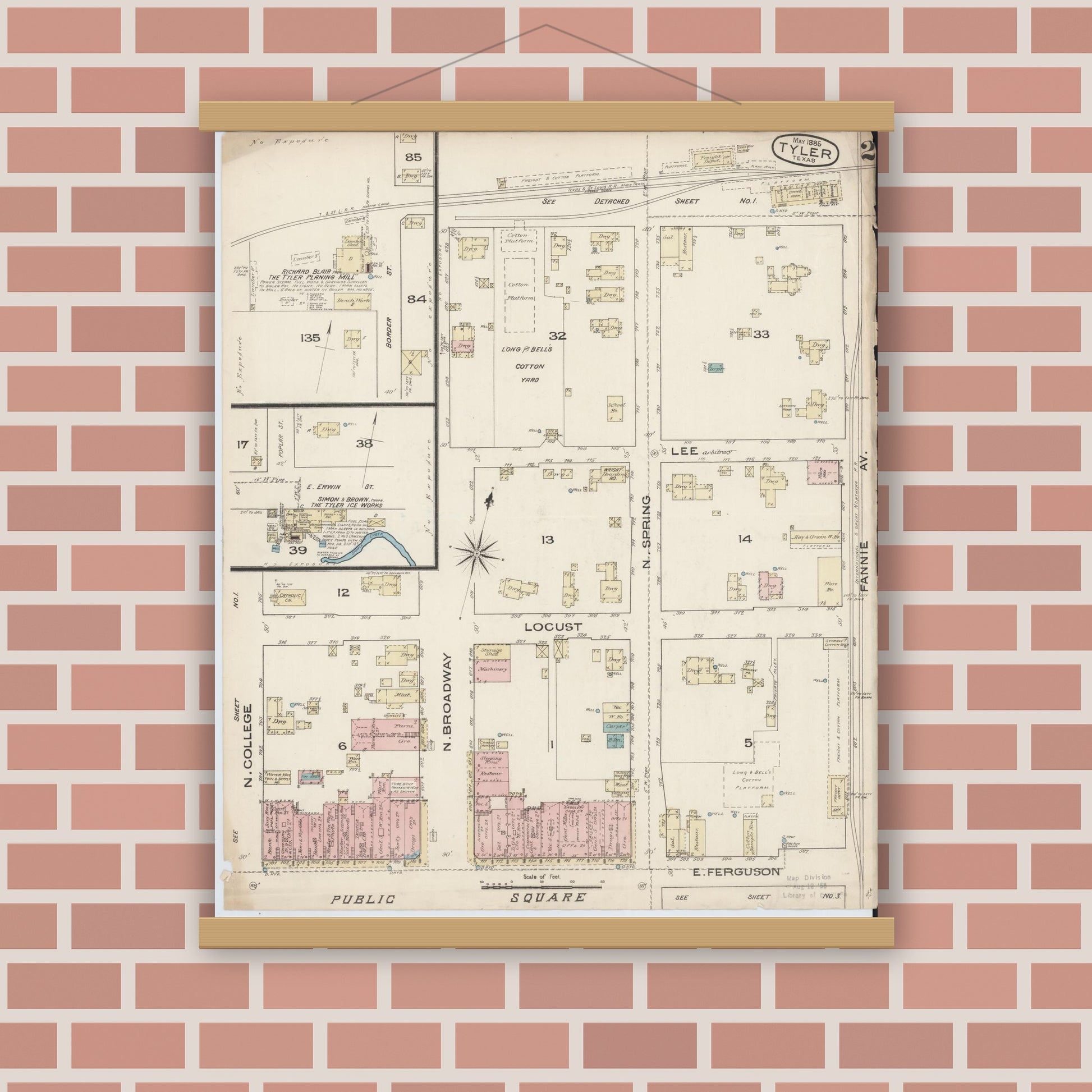 Old map wall art mockup — magnetic wood frame on brick wall — Sanborn Fire Insurance Map from Tyler, Smith County, Texas (1885), Sheet #0002