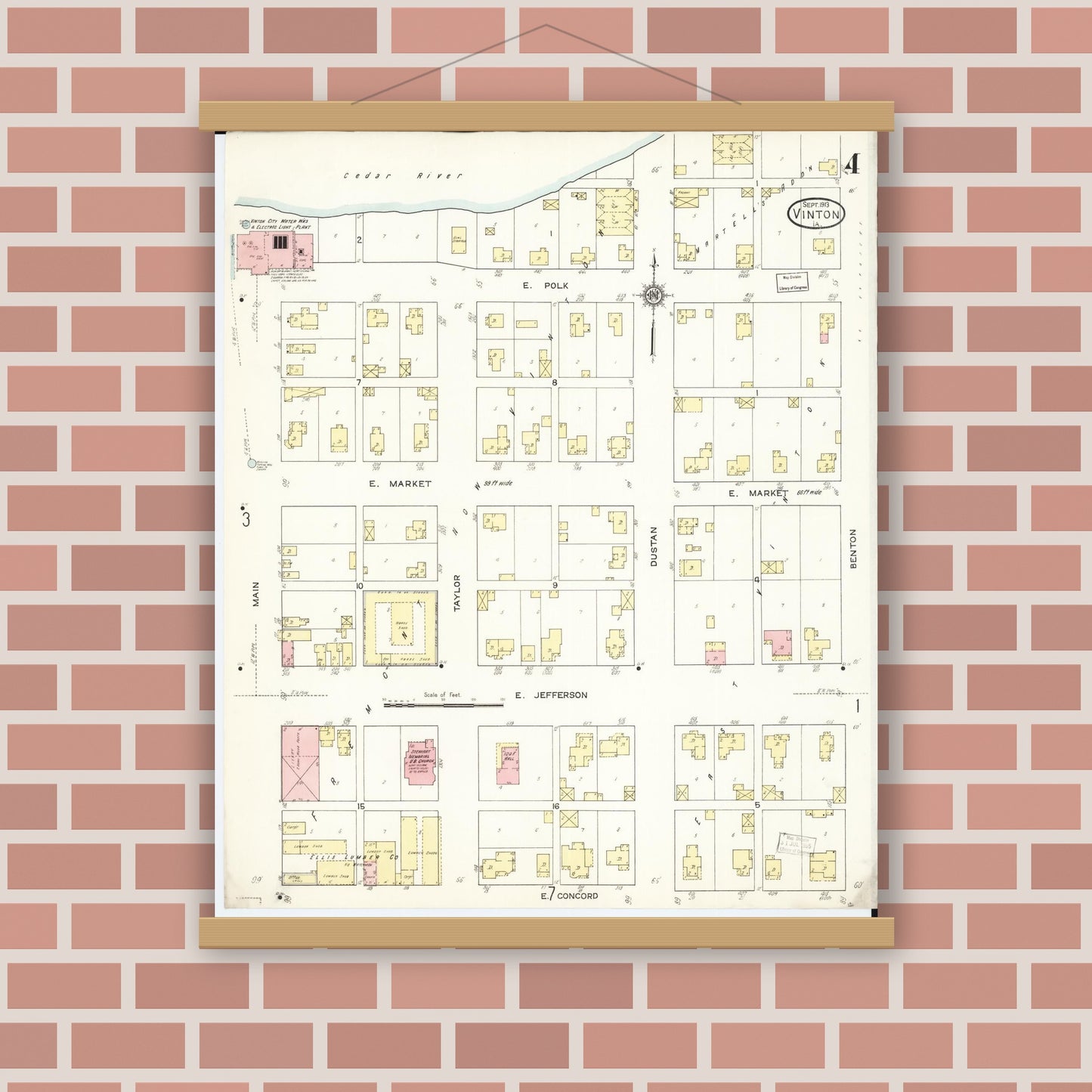 Old map wall art mockup — magnetic wood frame on brick wall — Sanborn Fire Insurance Map from Vinton, Benton County, Iowa (1913), Sheet #0004