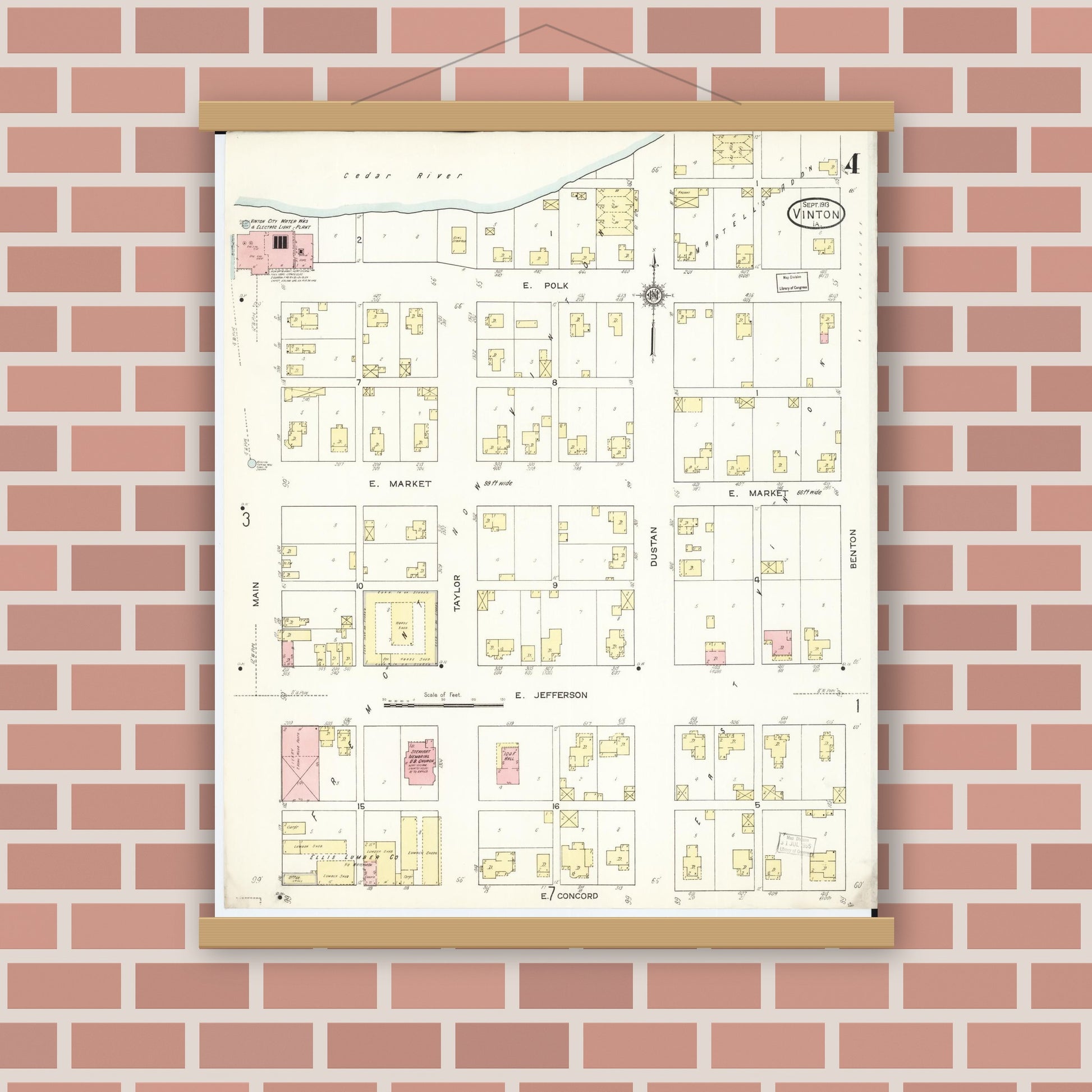 Old map wall art mockup — magnetic wood frame on brick wall — Sanborn Fire Insurance Map from Vinton, Benton County, Iowa (1913), Sheet #0004