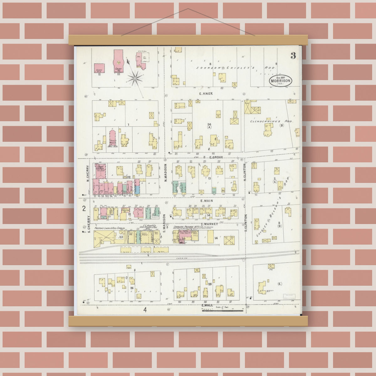 Old map wall art mockup — magnetic wood frame on brick wall — Sanborn Fire Insurance Map from Morrison, Whiteside County, Illinois (1897), Sheet #0003