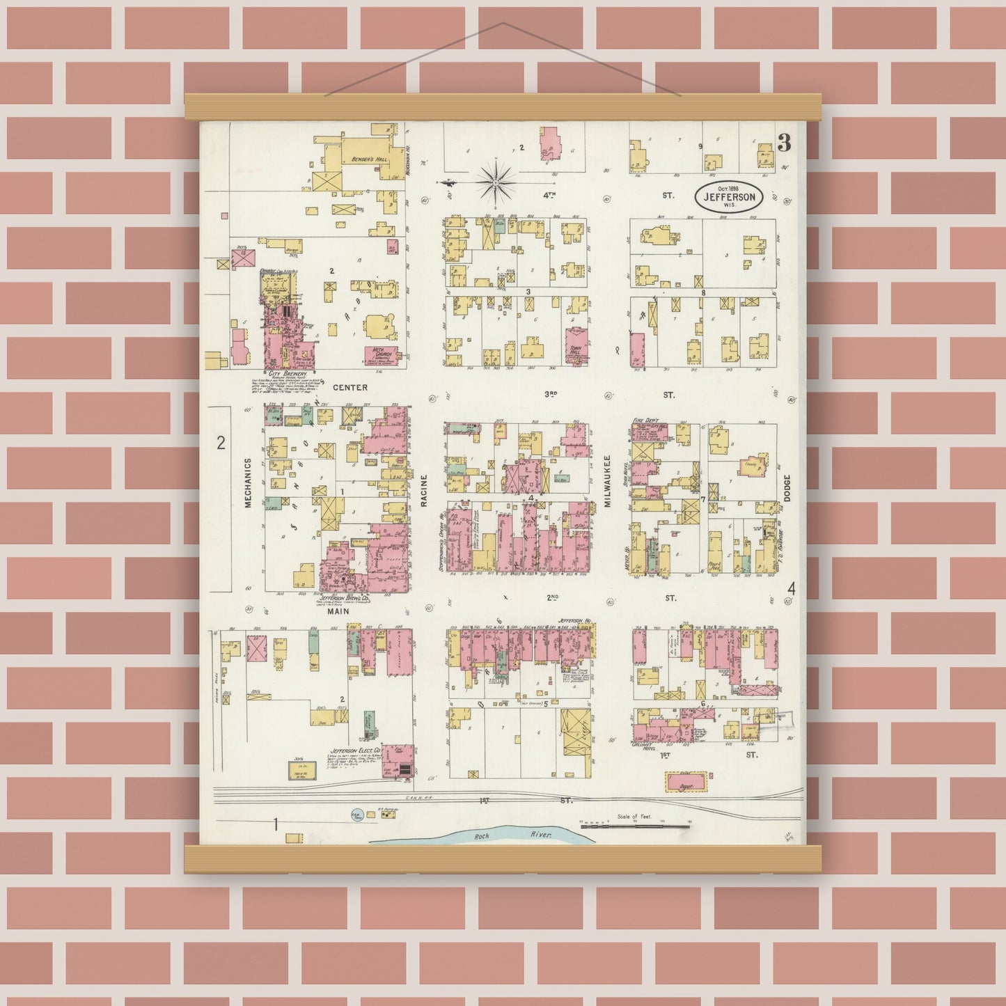 Old map wall art mockup — magnetic wood frame on brick wall — Sanborn Fire Insurance Map from Jefferson, Jefferson County, Wisconsin (1898), Sheet #0003