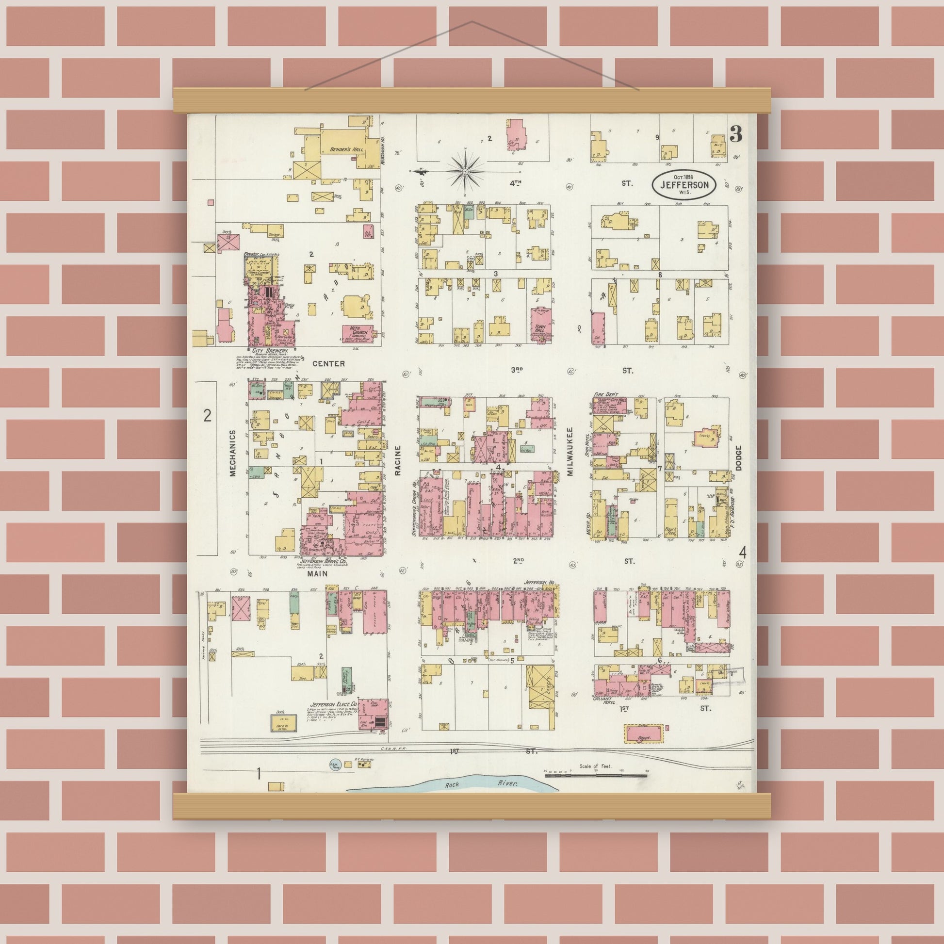 Old map wall art mockup — magnetic wood frame on brick wall — Sanborn Fire Insurance Map from Jefferson, Jefferson County, Wisconsin (1898), Sheet #0003