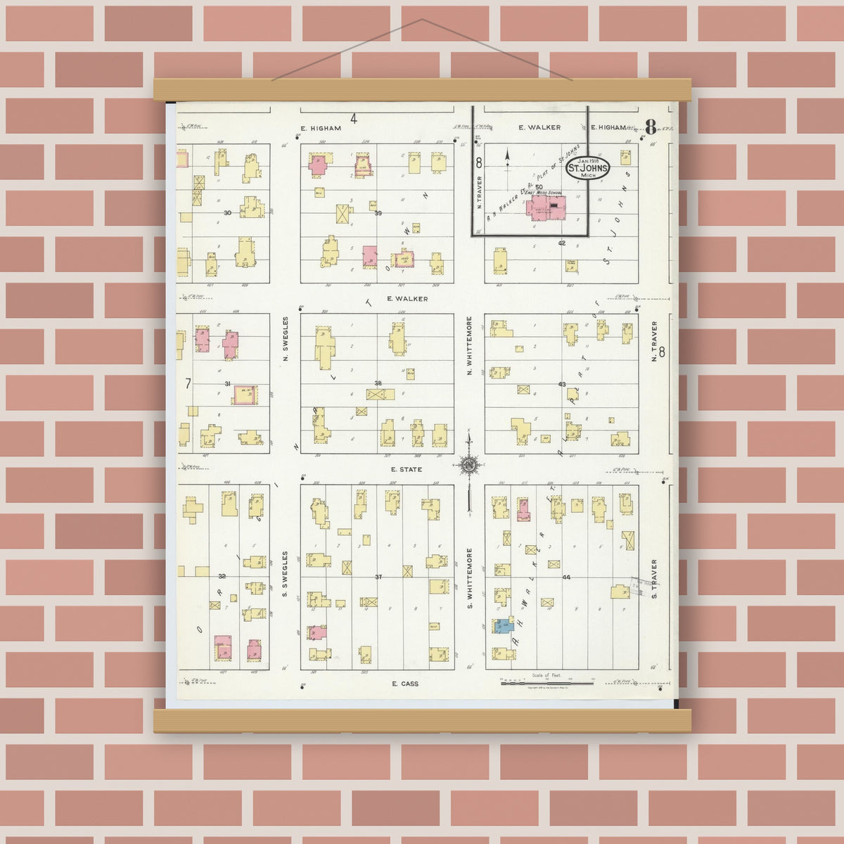 Old map wall art mockup — magnetic wood frame on brick wall — Sanborn Fire Insurance Map from Saint Johns, Clinton County, Michigan (1918), Sheet #0008