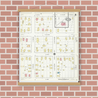 Old map wall art mockup — magnetic wood frame on brick wall — Sanborn Fire Insurance Map from Saint Johns, Clinton County, Michigan (1918), Sheet #0008