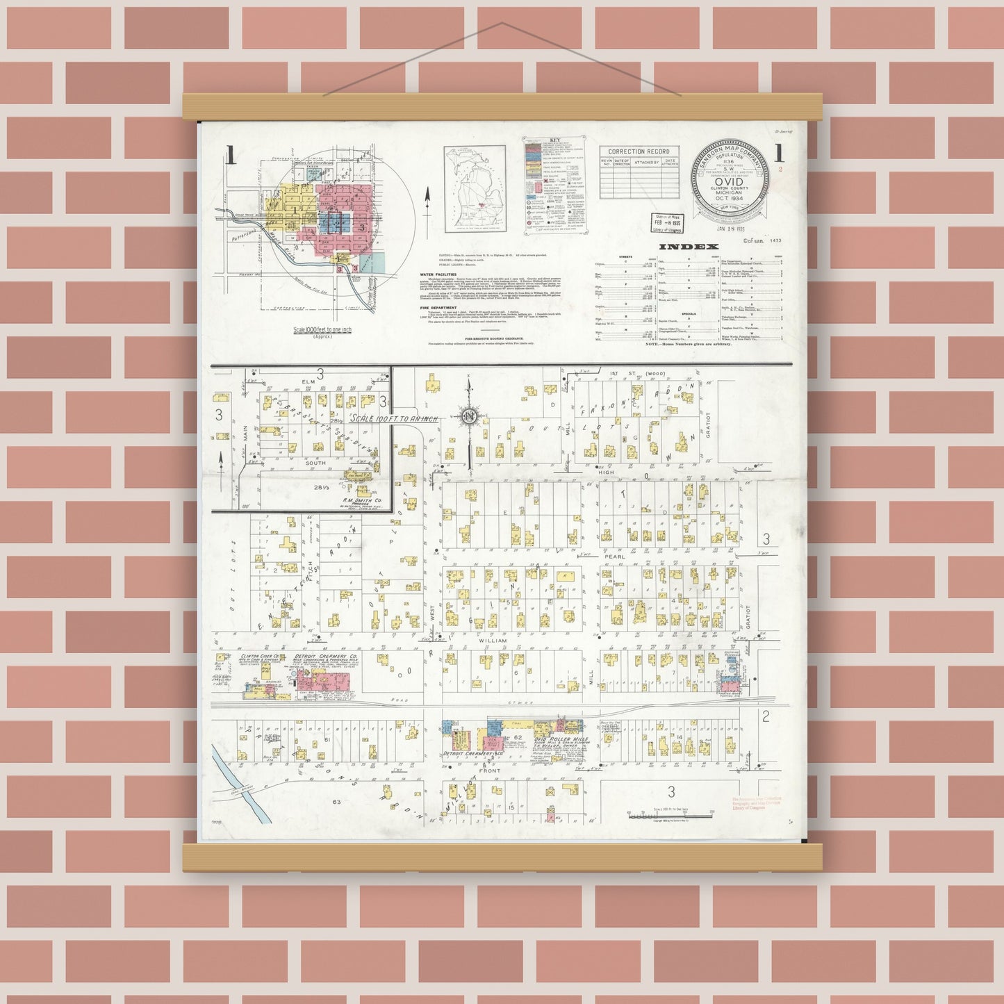 Old map wall art mockup — magnetic wood frame on brick wall — Sanborn Fire Insurance Map from Ovid, Clinton County, Michigan (1934) - Complete Map Set