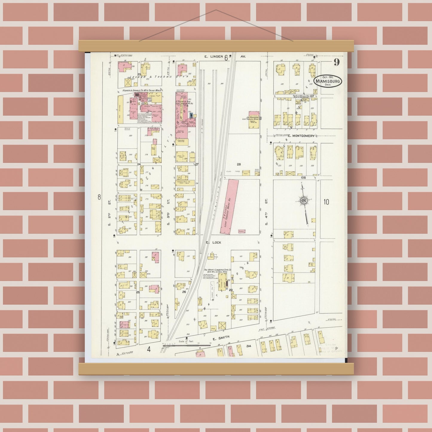 Old map wall art mockup — magnetic wood frame on brick wall — Sanborn Fire Insurance Map from Miamisburg, Montgomery County, Ohio (1911), Sheet #0009