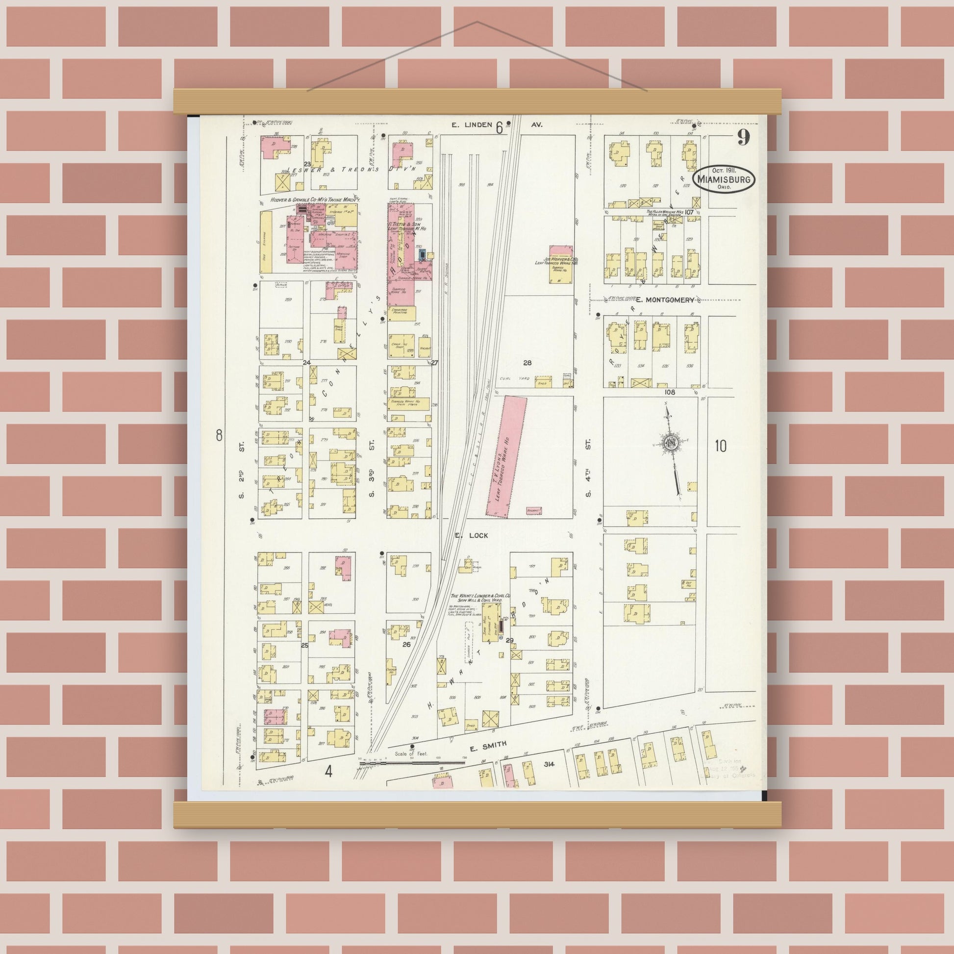 Old map wall art mockup — magnetic wood frame on brick wall — Sanborn Fire Insurance Map from Miamisburg, Montgomery County, Ohio (1911), Sheet #0009