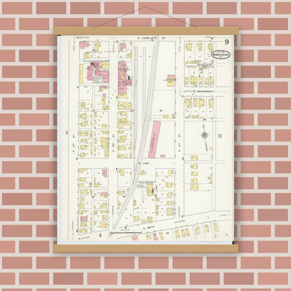 Old map wall art mockup — magnetic wood frame on brick wall — Sanborn Fire Insurance Map from Miamisburg, Montgomery County, Ohio (1911), Sheet #0009