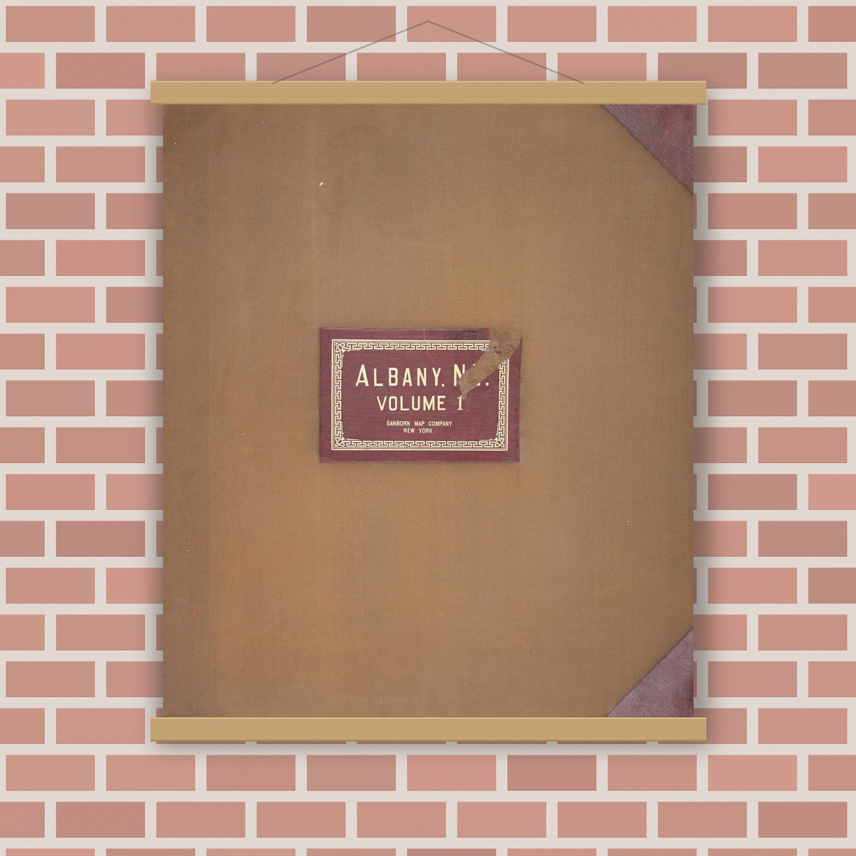 Old map wall art mockup — magnetic wood frame on brick wall — Sanborn Fire Insurance Map from Albany, Albany County, New York (1950), Sheet #0001