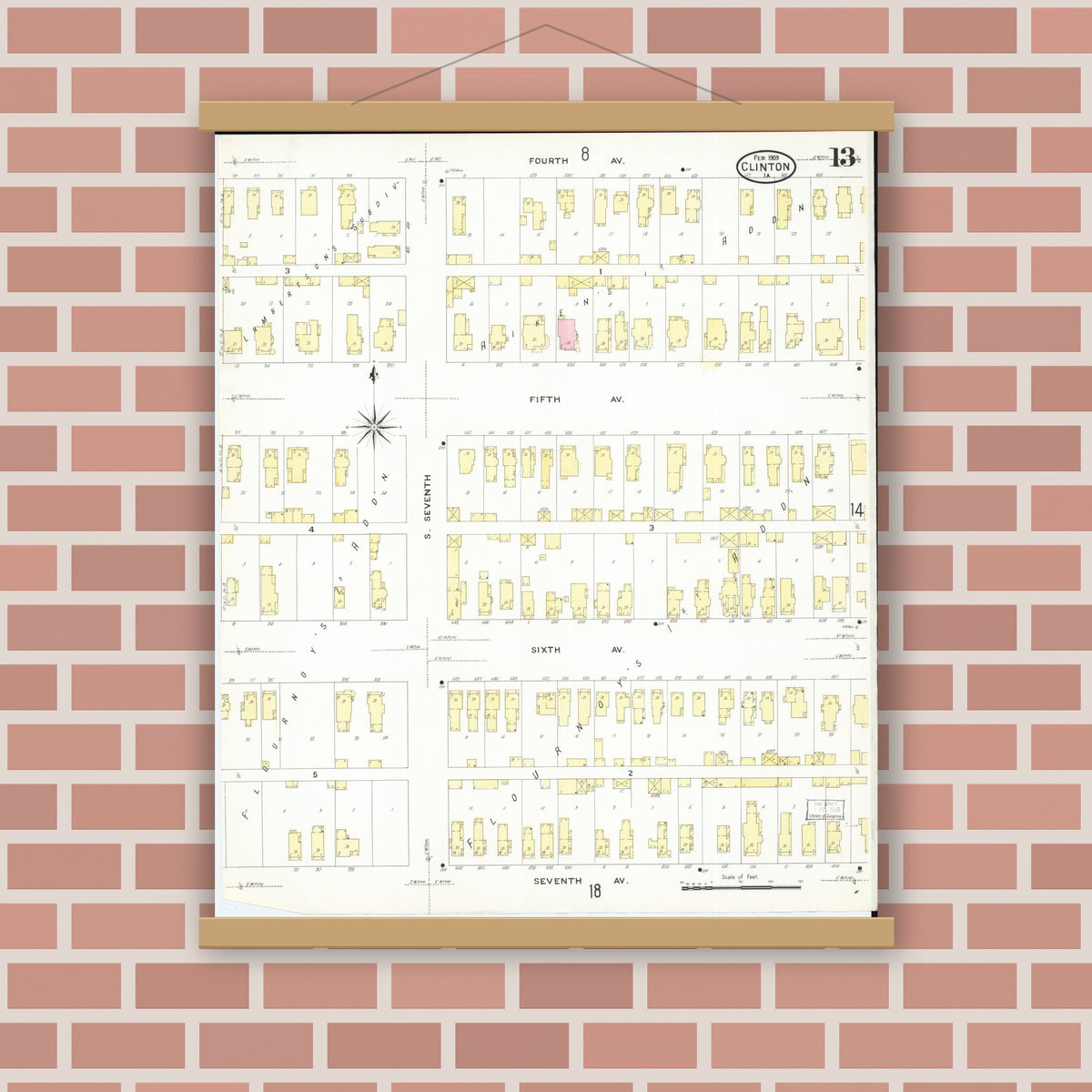 Old map wall art mockup — magnetic wood frame on brick wall — Sanborn Fire Insurance Map from Clinton, Clinton County, Iowa (1909), Sheet #0013