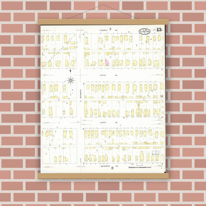 Old map wall art mockup — magnetic wood frame on brick wall — Sanborn Fire Insurance Map from Clinton, Clinton County, Iowa (1909), Sheet #0013