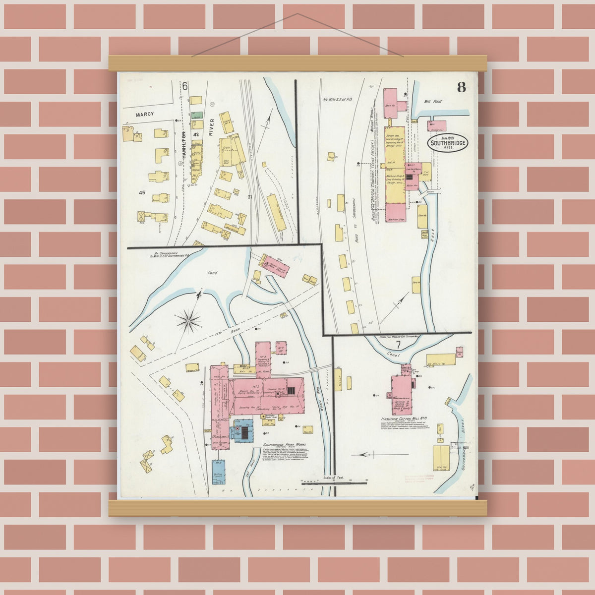 Old map wall art mockup — magnetic wood frame on brick wall — Sanborn Fire Insurance Map from Southbridge, Worcester County, Massachusetts (1899), Sheet #0008