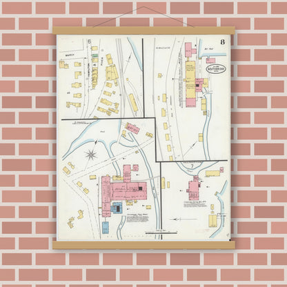 Old map wall art mockup — magnetic wood frame on brick wall — Sanborn Fire Insurance Map from Southbridge, Worcester County, Massachusetts (1899), Sheet #0008
