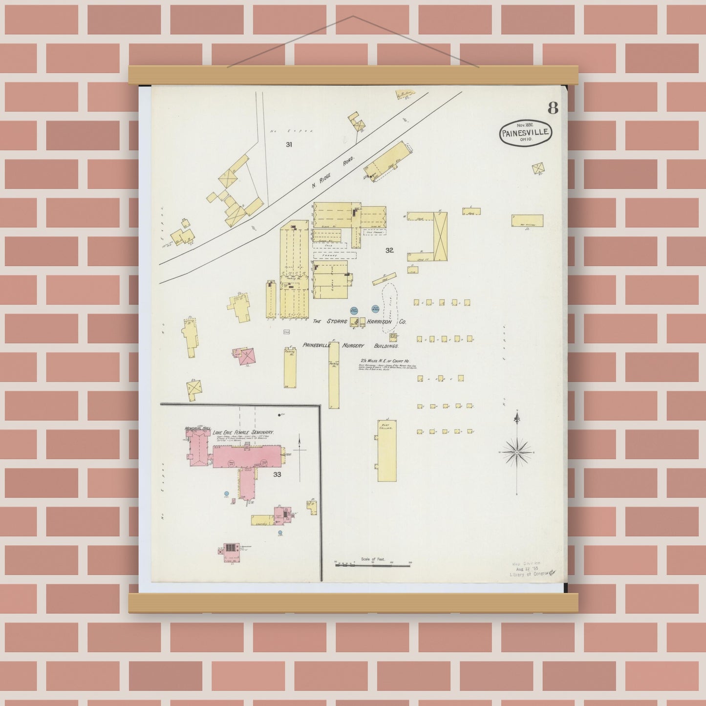 Old map wall art mockup — magnetic wood frame on brick wall — Sanborn Fire Insurance Map from Painesville, Lake County, Ohio (1892), Sheet #0008