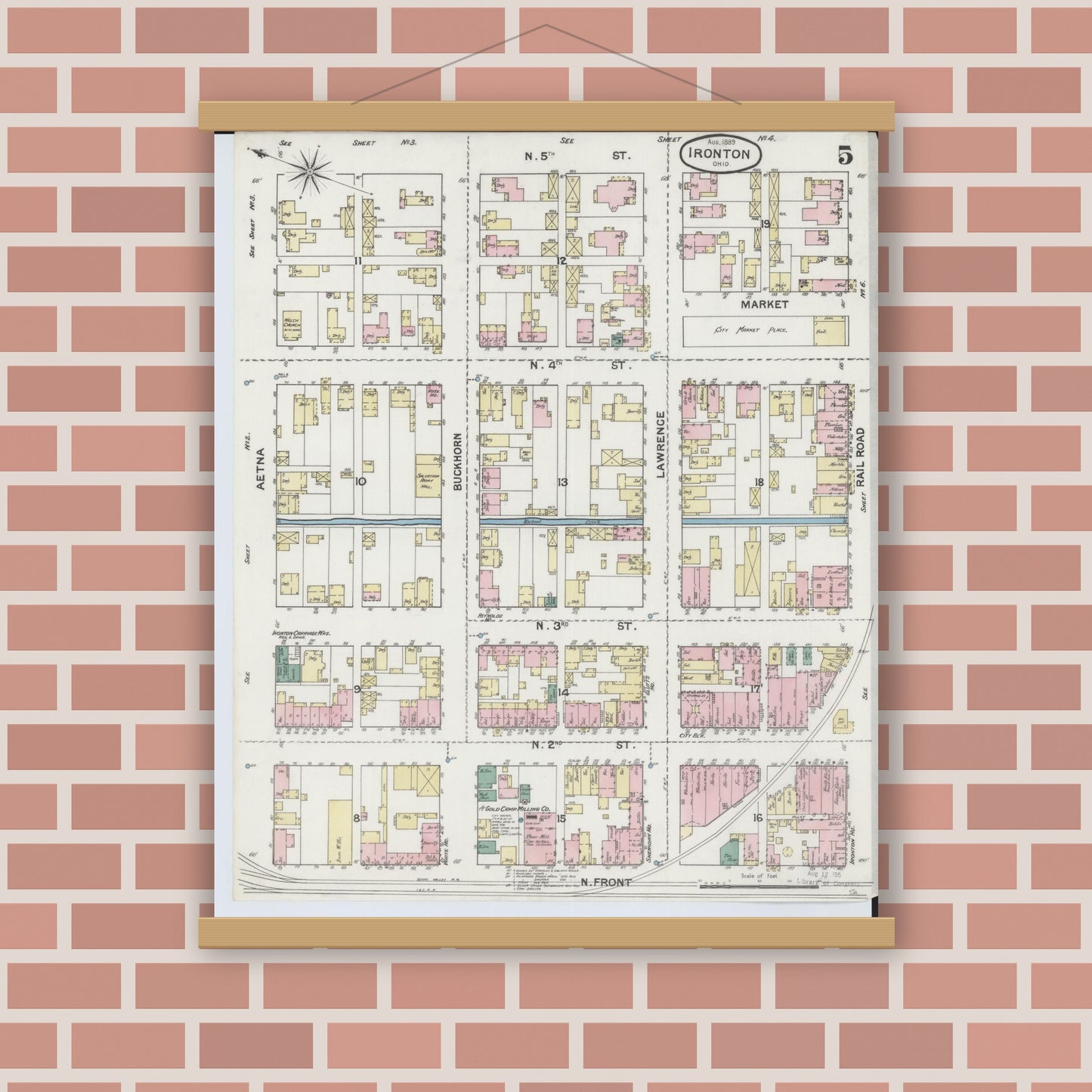 Old map wall art mockup — magnetic wood frame on brick wall — Sanborn Fire Insurance Map from Ironton, Lawrence County, Ohio (1889), Sheet #0005