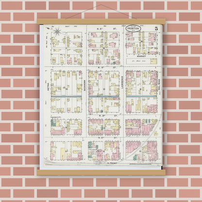 Old map wall art mockup — magnetic wood frame on brick wall — Sanborn Fire Insurance Map from Ironton, Lawrence County, Ohio (1889), Sheet #0005