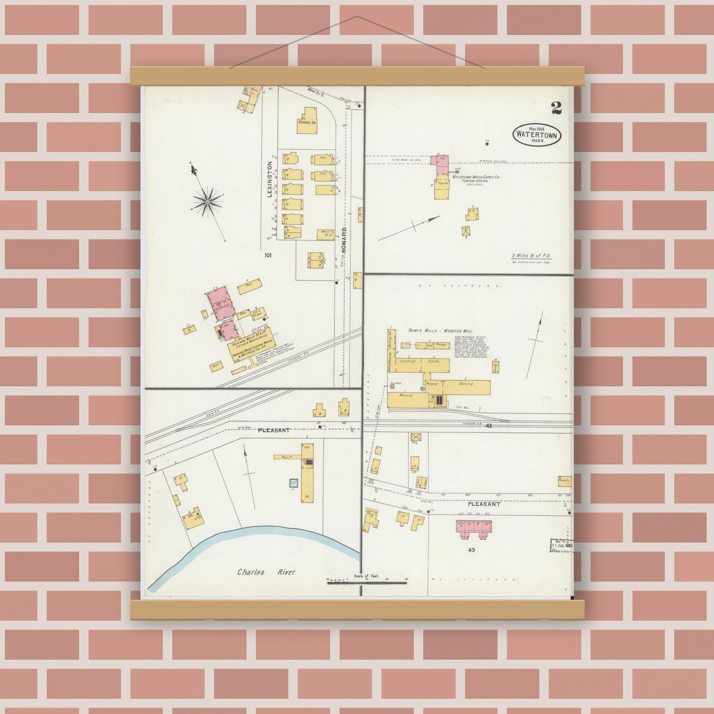 Old map wall art mockup — magnetic wood frame on brick wall — Sanborn Fire Insurance Map from Watertown, Middlesex County, Massachusetts (1904), Sheet #0002