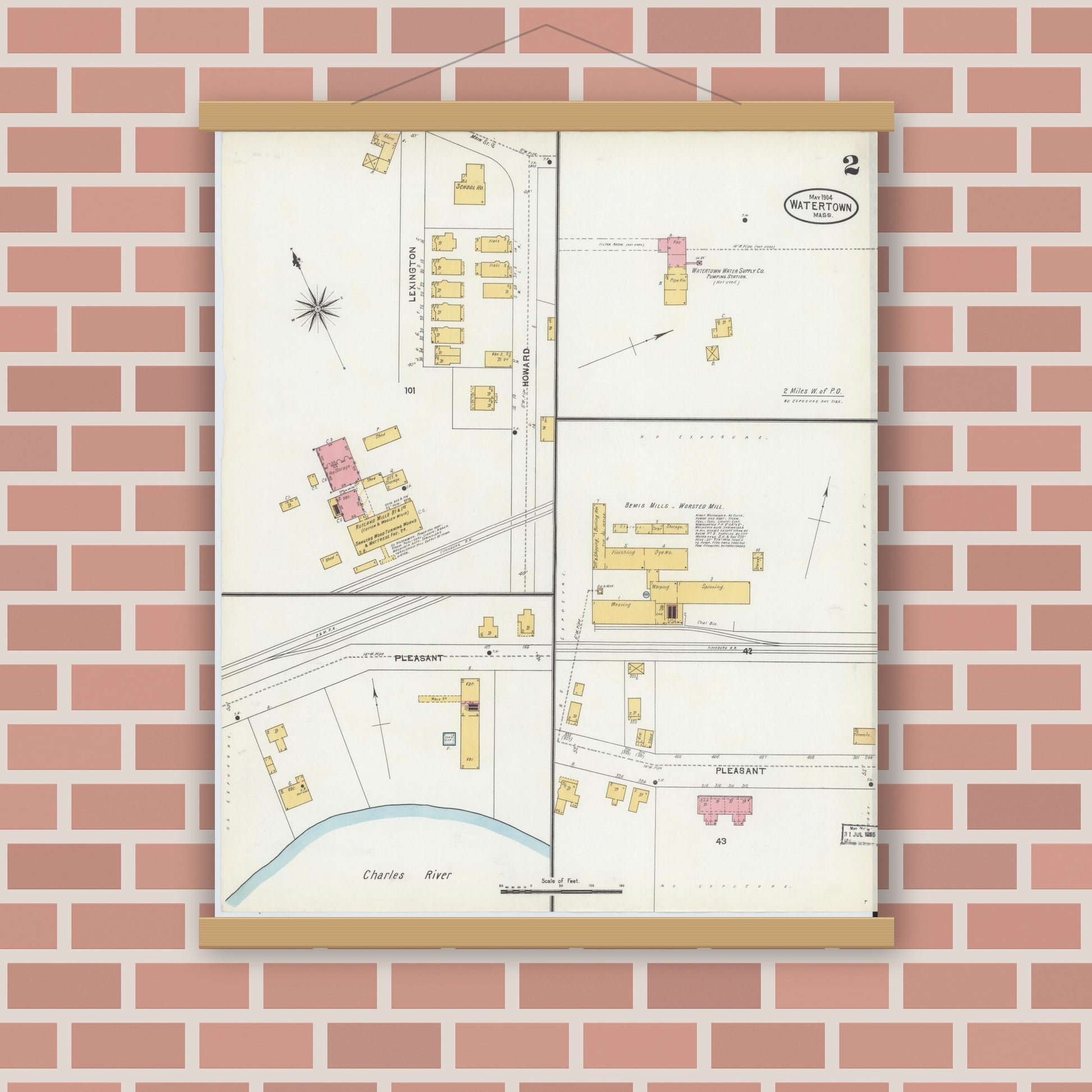 Old map wall art mockup — magnetic wood frame on brick wall — Sanborn Fire Insurance Map from Watertown, Middlesex County, Massachusetts (1904), Sheet #0002