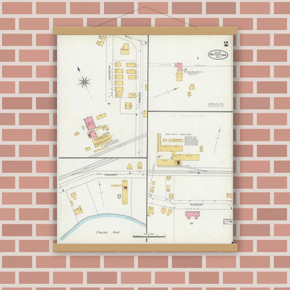 Old map wall art mockup — magnetic wood frame on brick wall — Sanborn Fire Insurance Map from Watertown, Middlesex County, Massachusetts (1904), Sheet #0002