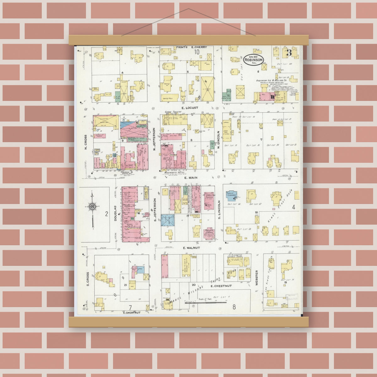 Old map wall art mockup — magnetic wood frame on brick wall — Sanborn Fire Insurance Map from Robinson, Crawford County, Illinois (1910), Sheet #0003