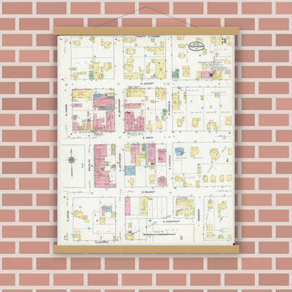 Old map wall art mockup — magnetic wood frame on brick wall — Sanborn Fire Insurance Map from Robinson, Crawford County, Illinois (1910), Sheet #0003