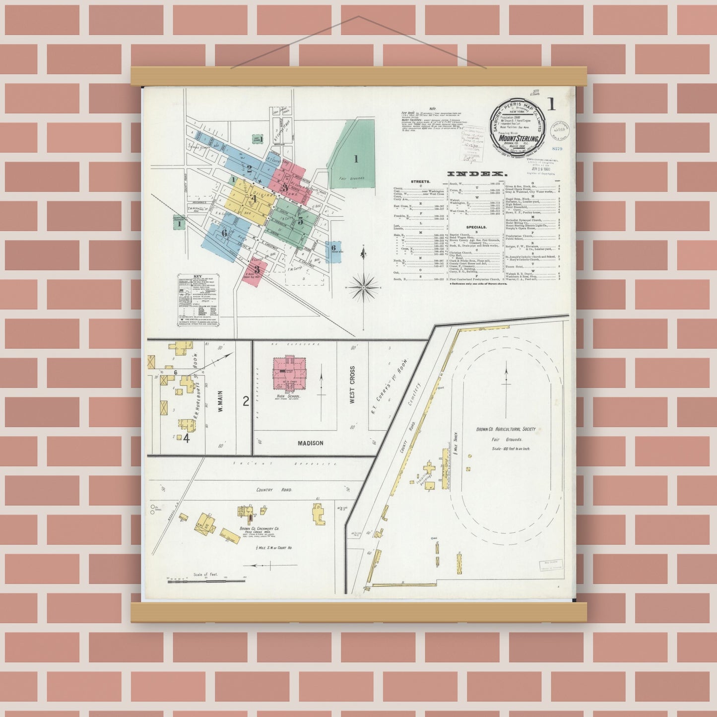 Old map wall art mockup — magnetic wood frame on brick wall — Sanborn Fire Insurance Map from Mount Sterling, Brown County, Illinois (1900) - Complete Map Set
