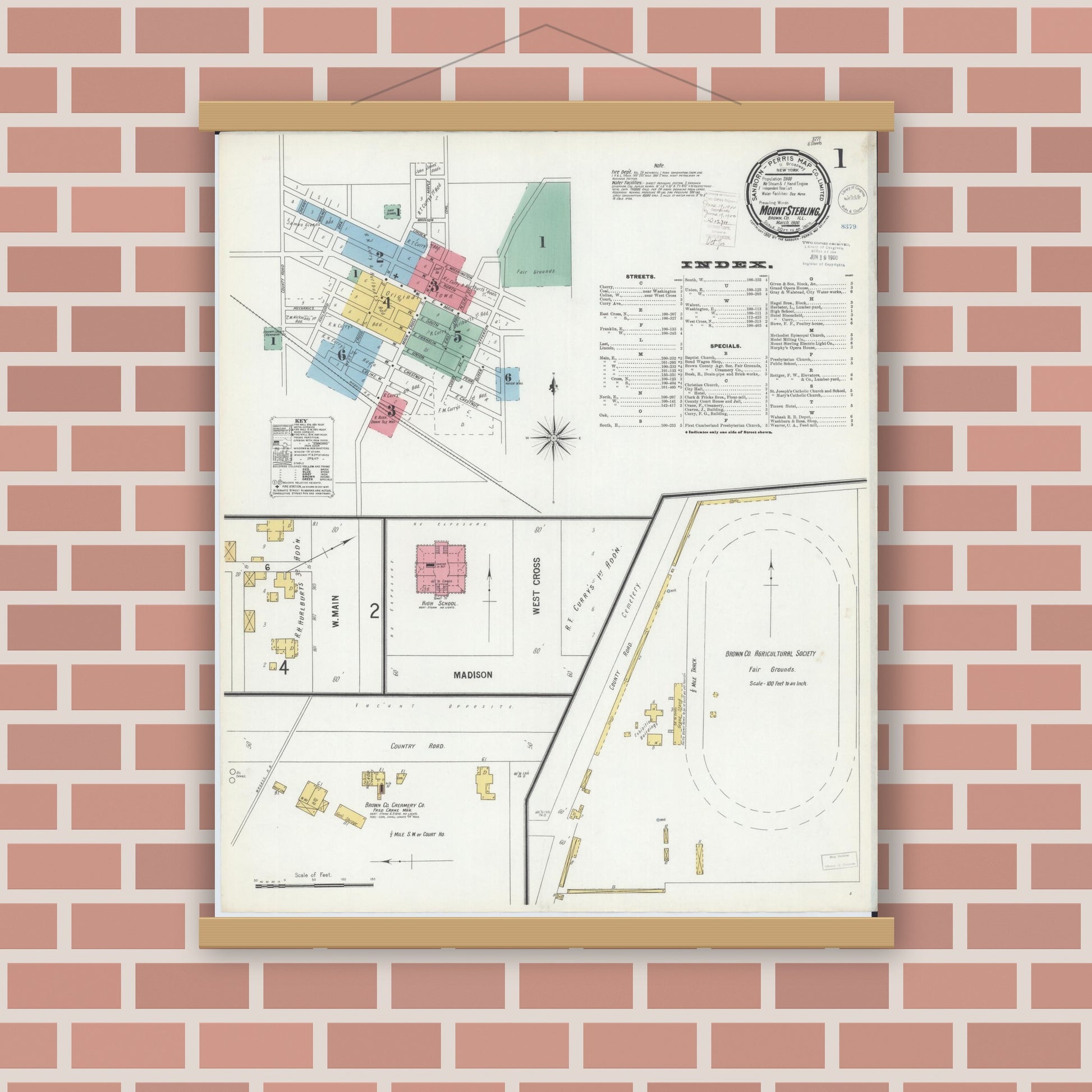 Old map wall art mockup — magnetic wood frame on brick wall — Sanborn Fire Insurance Map from Mount Sterling, Brown County, Illinois (1900) - Complete Map Set