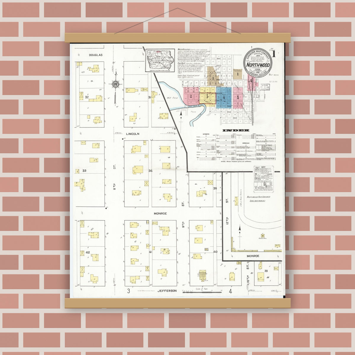 Old map wall art mockup — magnetic wood frame on brick wall — Sanborn Fire Insurance Map from Northwood, Worth County, Iowa (1916) â€” Complete Set
