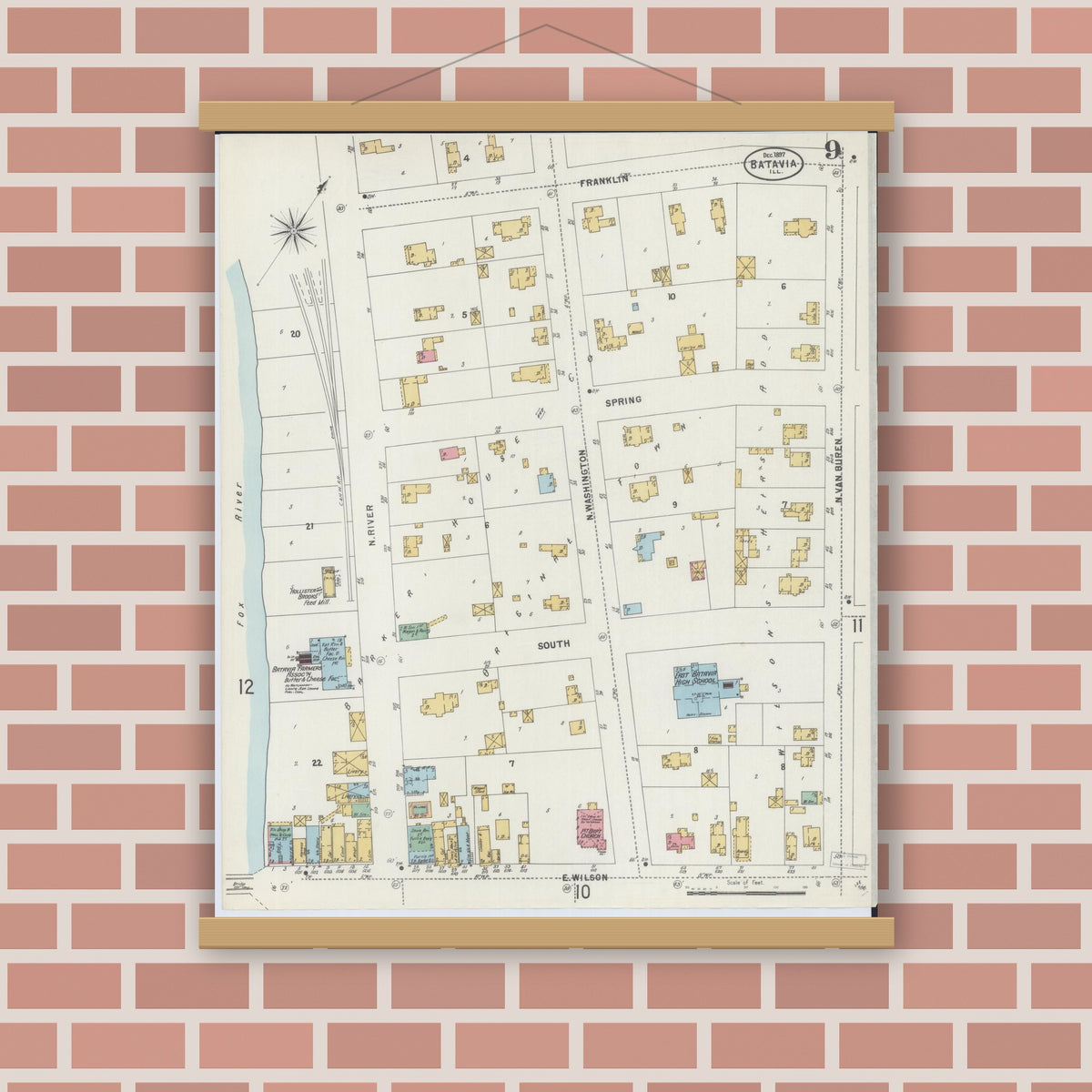 Old map wall art mockup — magnetic wood frame on brick wall — Sanborn Fire Insurance Map from Batavia, Kane County, Illinois (1897), Sheet #0009