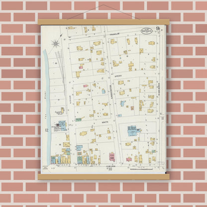 Old map wall art mockup — magnetic wood frame on brick wall — Sanborn Fire Insurance Map from Batavia, Kane County, Illinois (1897), Sheet #0009