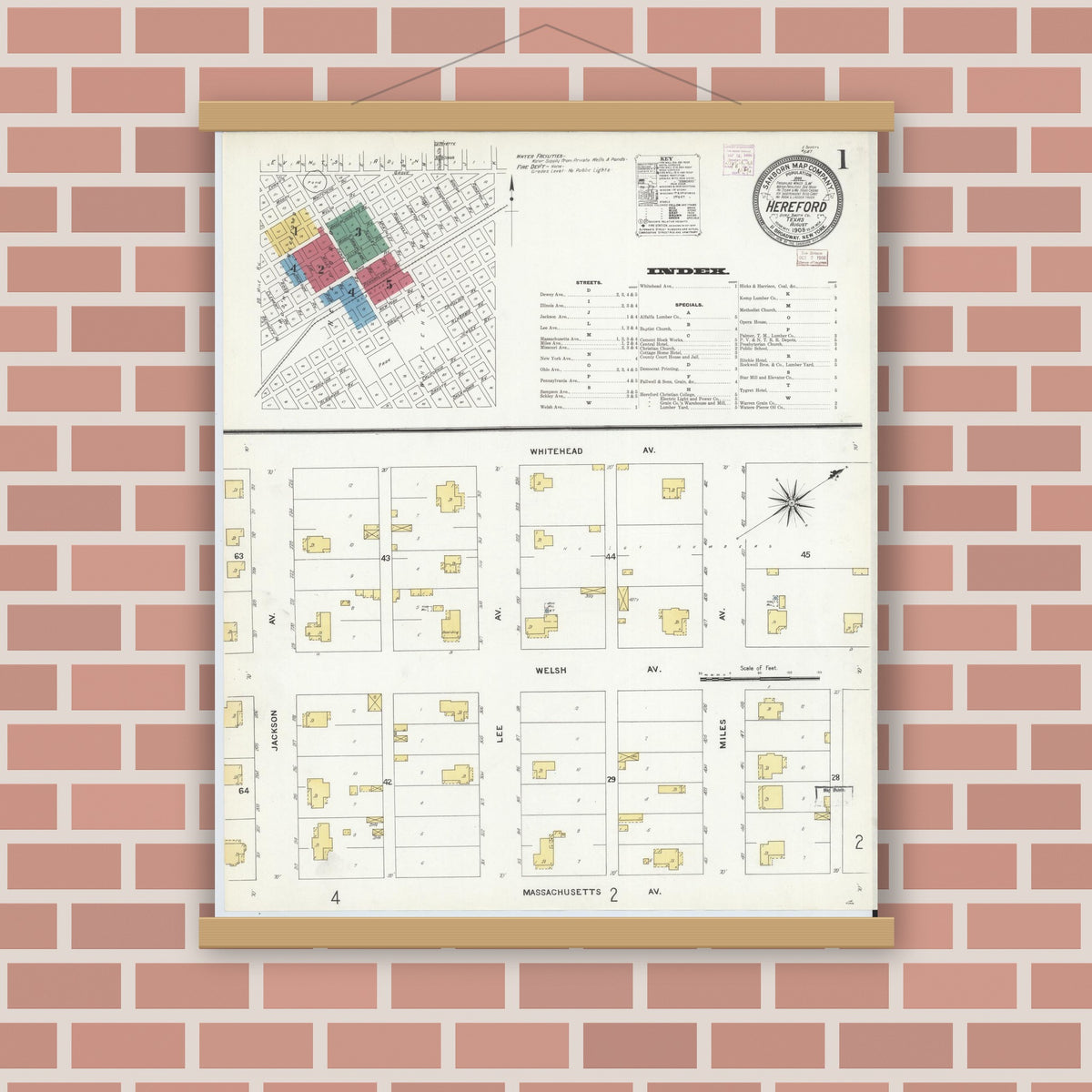 Old map wall art mockup — magnetic wood frame on brick wall — Sanborn Fire Insurance Map from Hereford, Deaf Smith County, Texas (1908), Sheet #0001