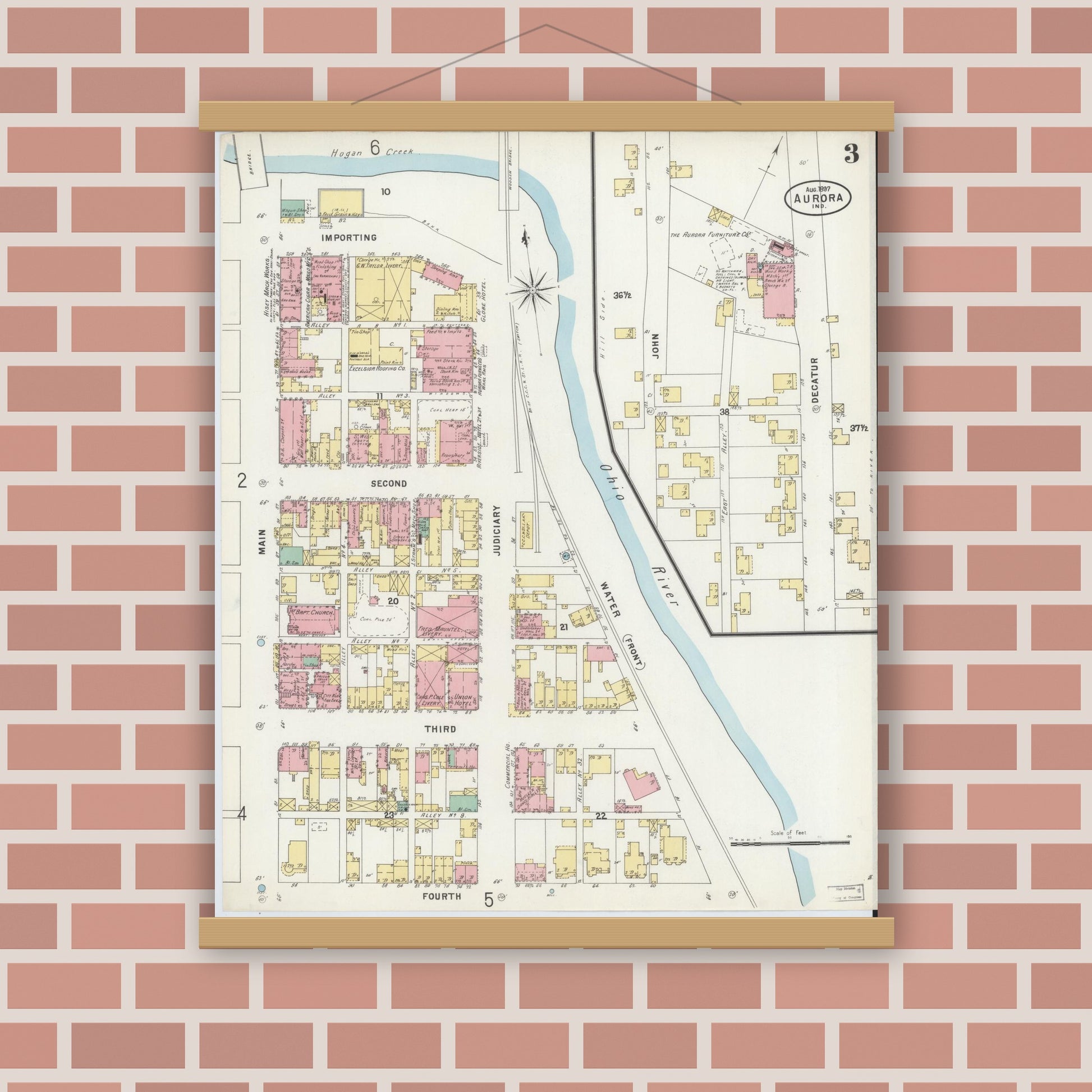 Old map wall art mockup — magnetic wood frame on brick wall — Sanborn Fire Insurance Map from Aurora, Dearborn County, Indiana (1897), Sheet #0003