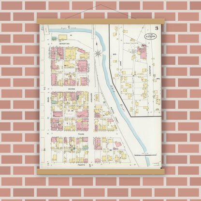 Old map wall art mockup — magnetic wood frame on brick wall — Sanborn Fire Insurance Map from Aurora, Dearborn County, Indiana (1897), Sheet #0003