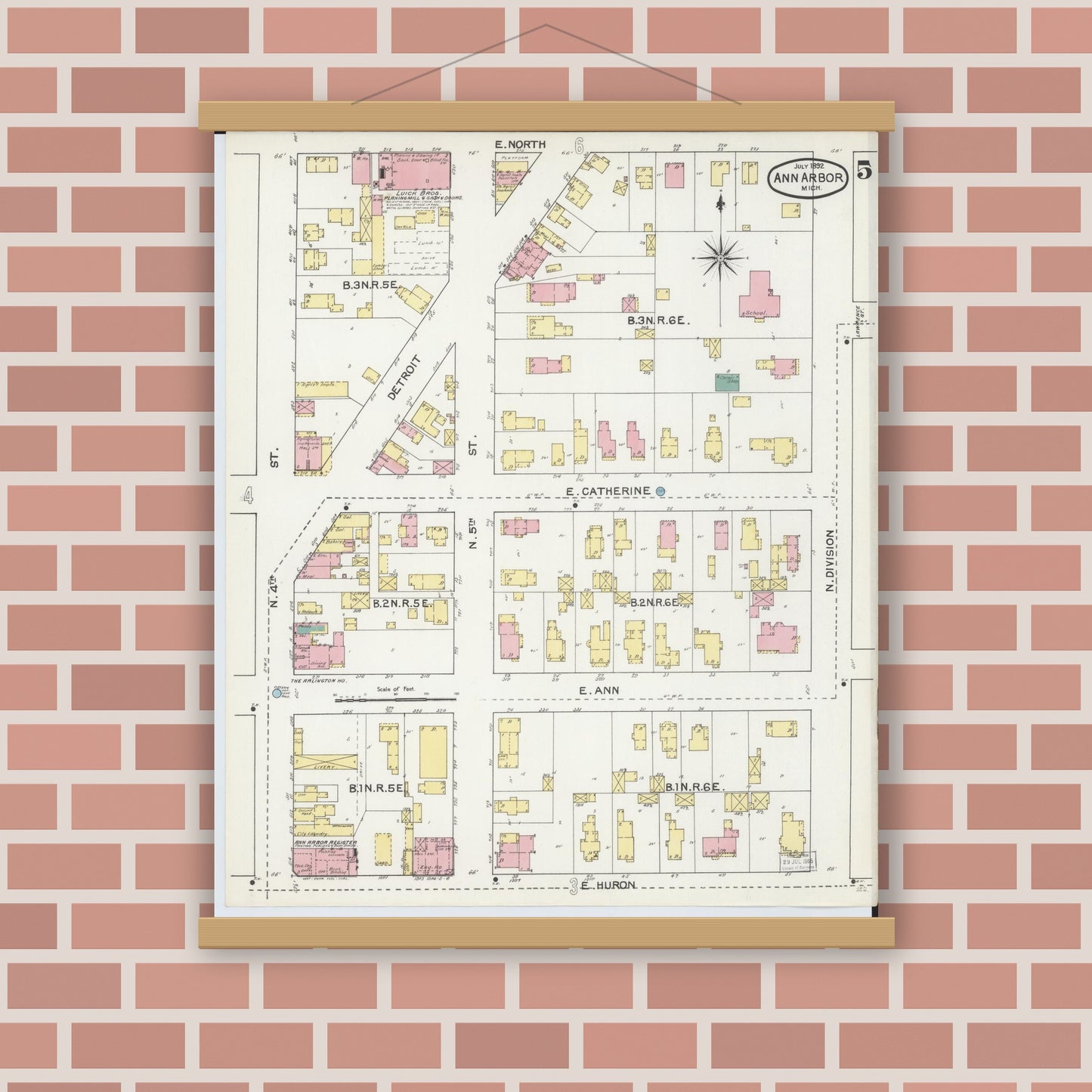 Old map wall art mockup — magnetic wood frame on brick wall — Sanborn Fire Insurance Map from Ann Arbor, Washtenaw County, Michigan (1892), Sheet #0005
