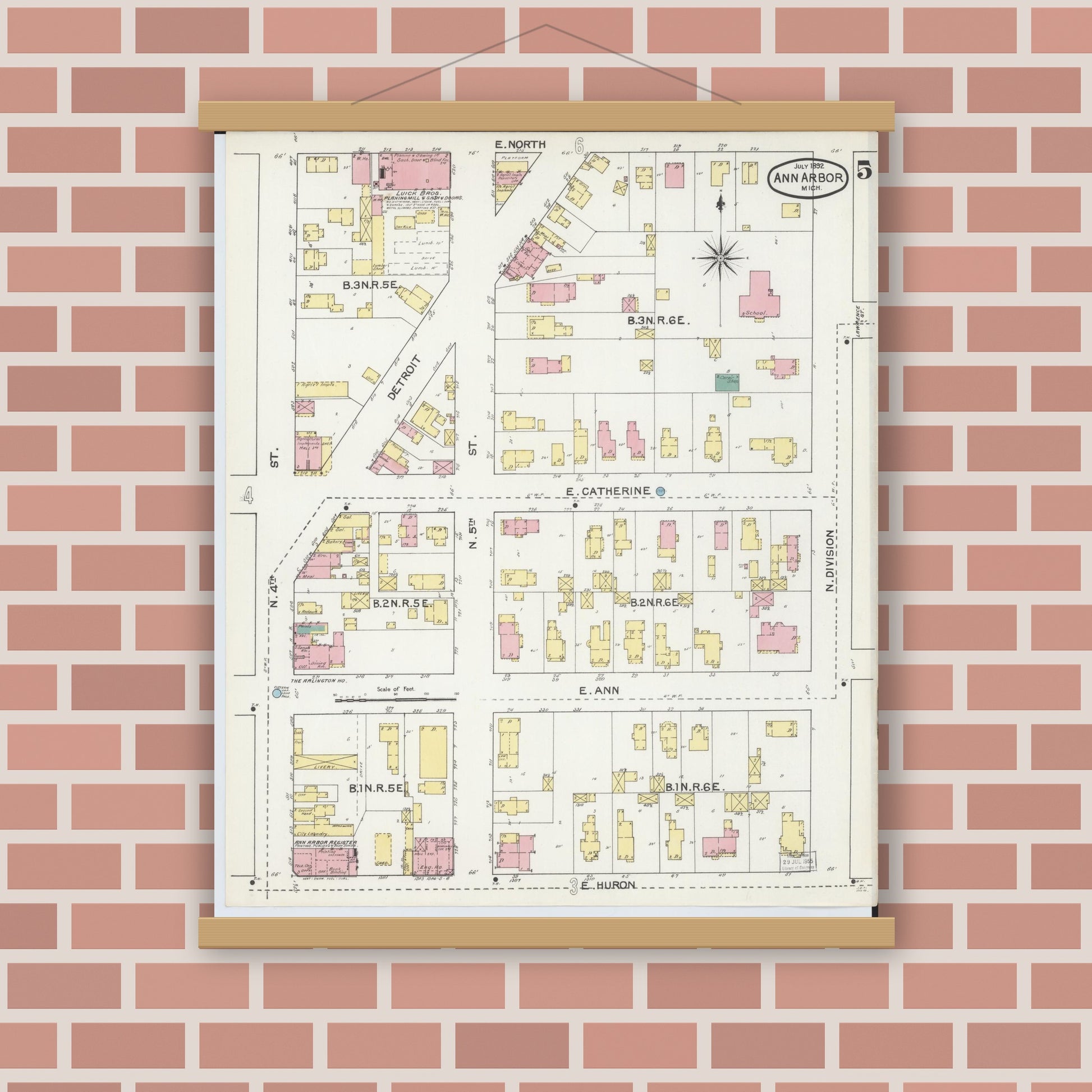 Old map wall art mockup — magnetic wood frame on brick wall — Sanborn Fire Insurance Map from Ann Arbor, Washtenaw County, Michigan (1892), Sheet #0005