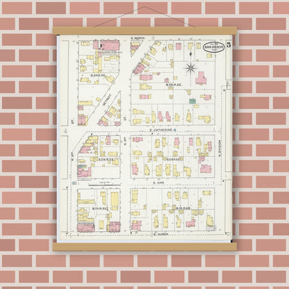 Old map wall art mockup — magnetic wood frame on brick wall — Sanborn Fire Insurance Map from Ann Arbor, Washtenaw County, Michigan (1892), Sheet #0005
