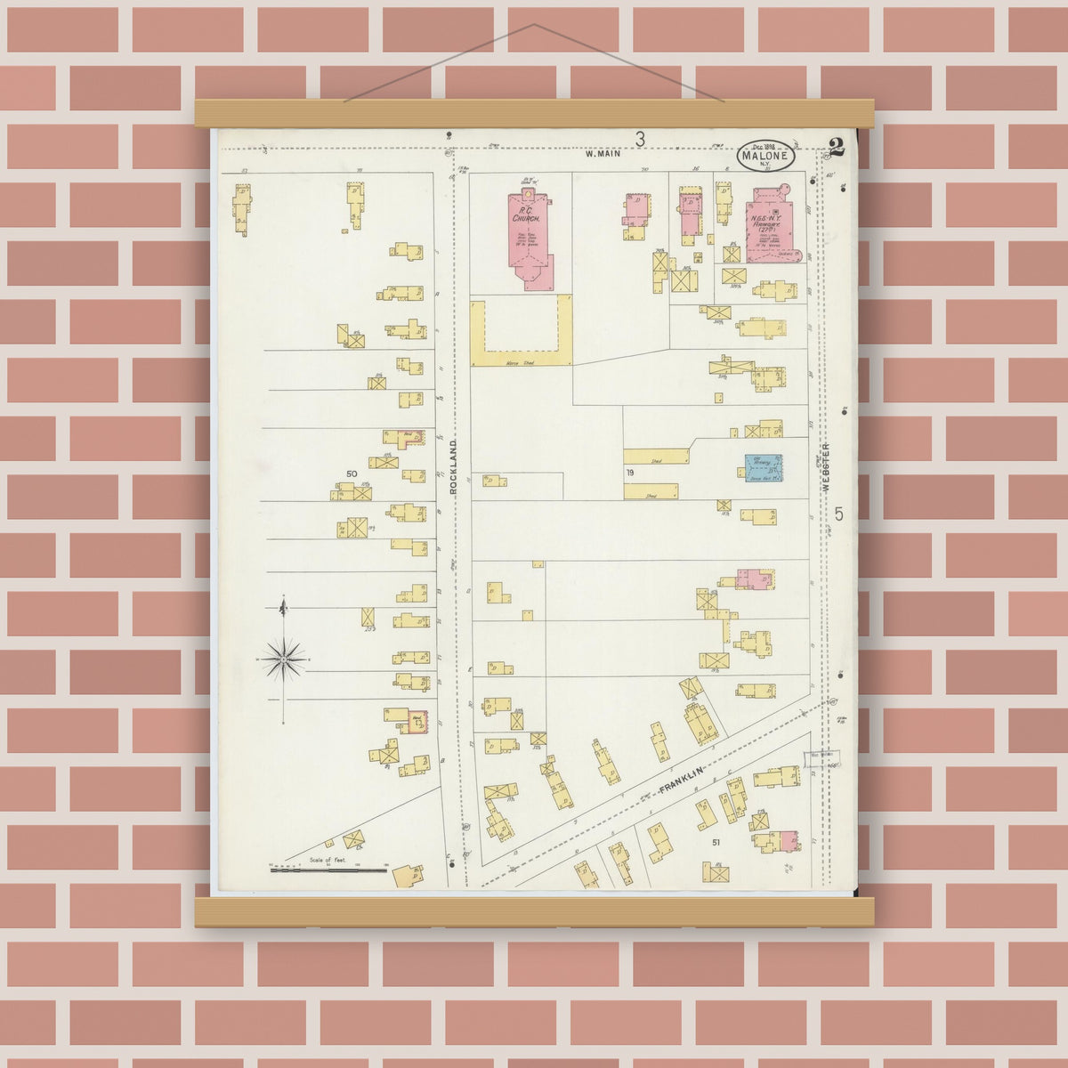 Old map wall art mockup — magnetic wood frame on brick wall — Sanborn Fire Insurance Map from Malone, Franklin County, New York (1898), Sheet #0002