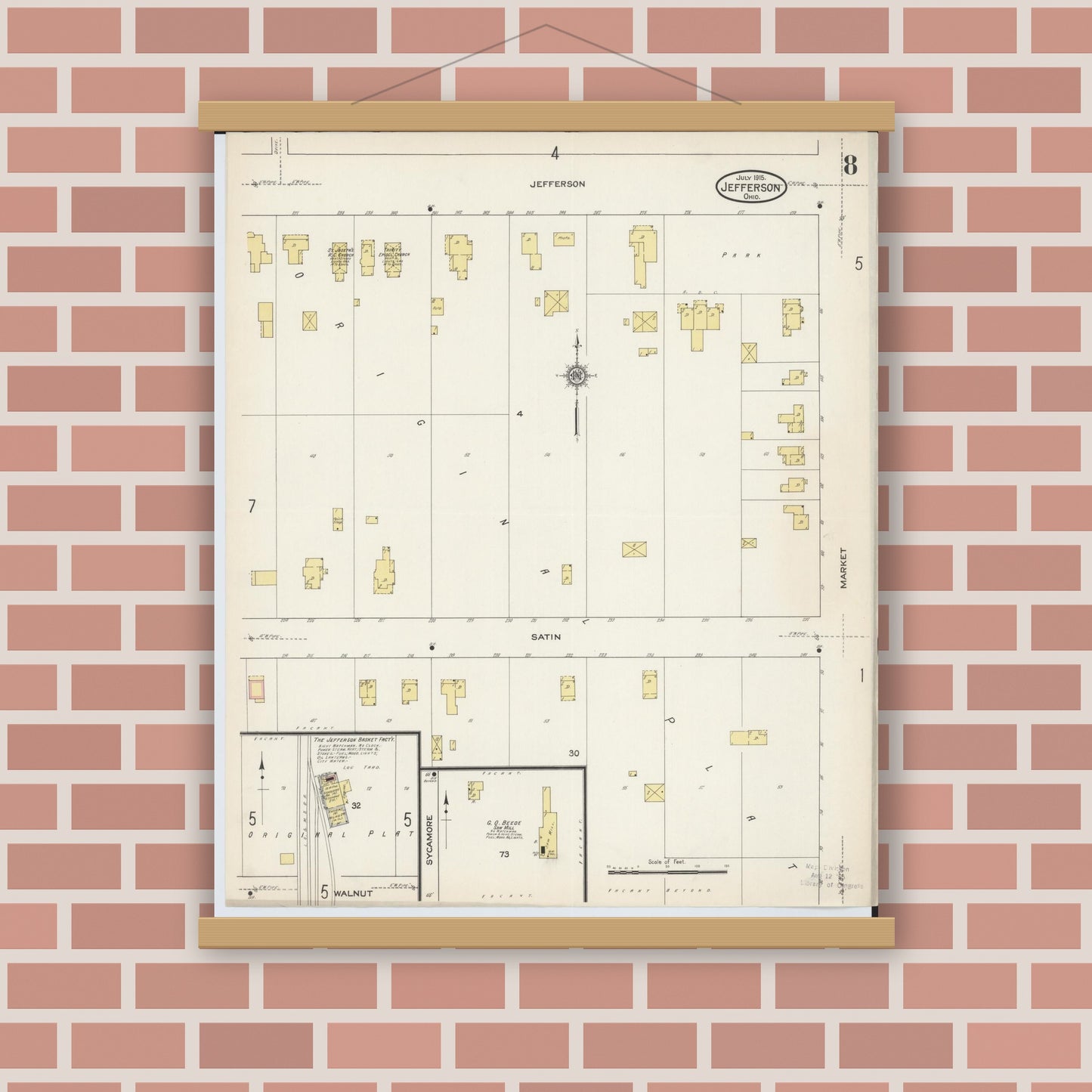 Old map wall art mockup — magnetic wood frame on brick wall — Sanborn Fire Insurance Map from Jefferson, Ashtabula County, Ohio (1915), Sheet #0008