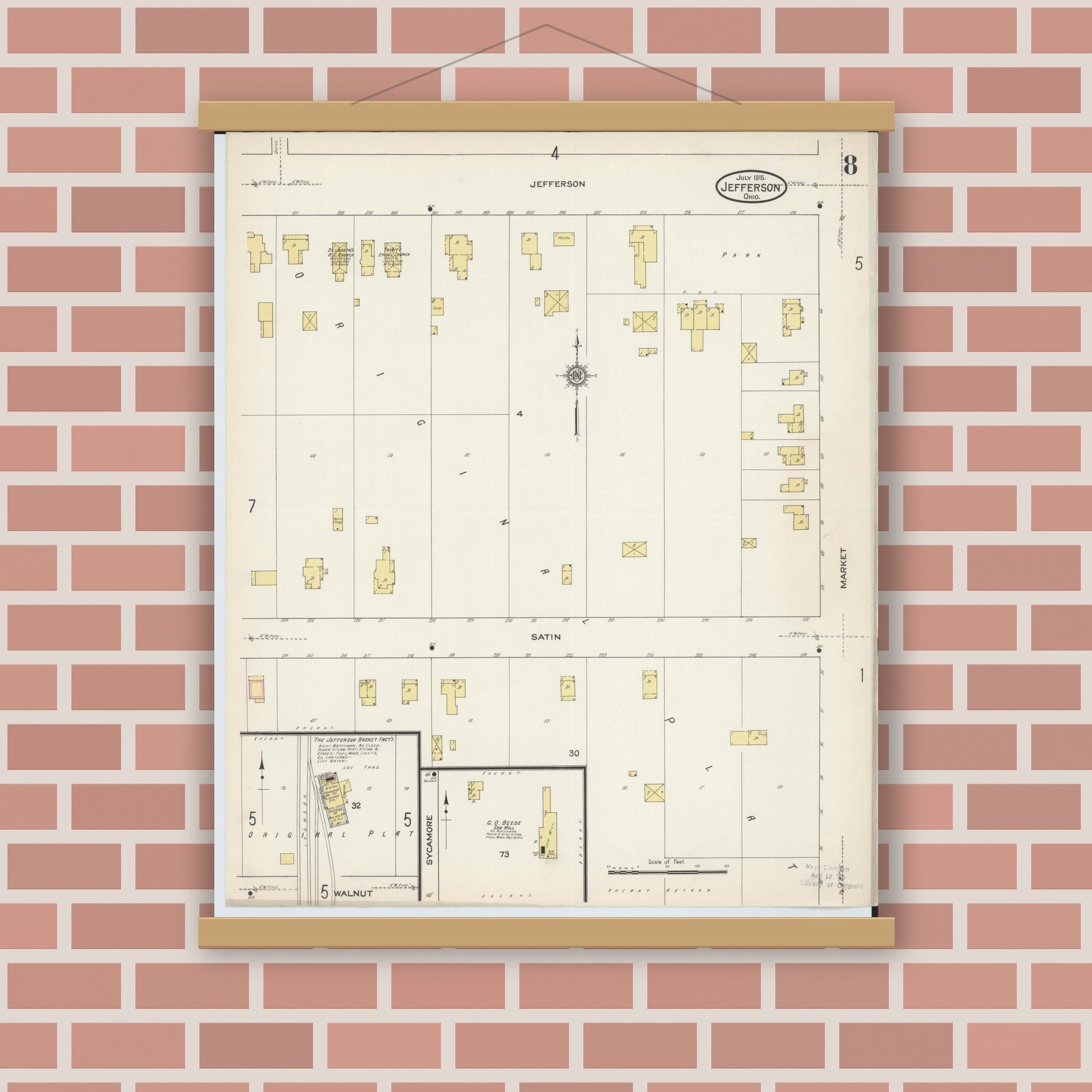 Old map wall art mockup — magnetic wood frame on brick wall — Sanborn Fire Insurance Map from Jefferson, Ashtabula County, Ohio (1915), Sheet #0008