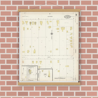 Old map wall art mockup — magnetic wood frame on brick wall — Sanborn Fire Insurance Map from Jefferson, Ashtabula County, Ohio (1915), Sheet #0008