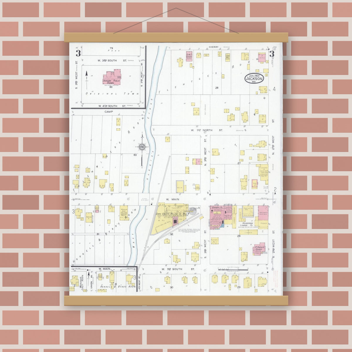 Old map wall art mockup — magnetic wood frame on brick wall — Sanborn Fire Insurance Map from Jackson, Cape Girardeau County, Missouri (1931), Sheet #0003