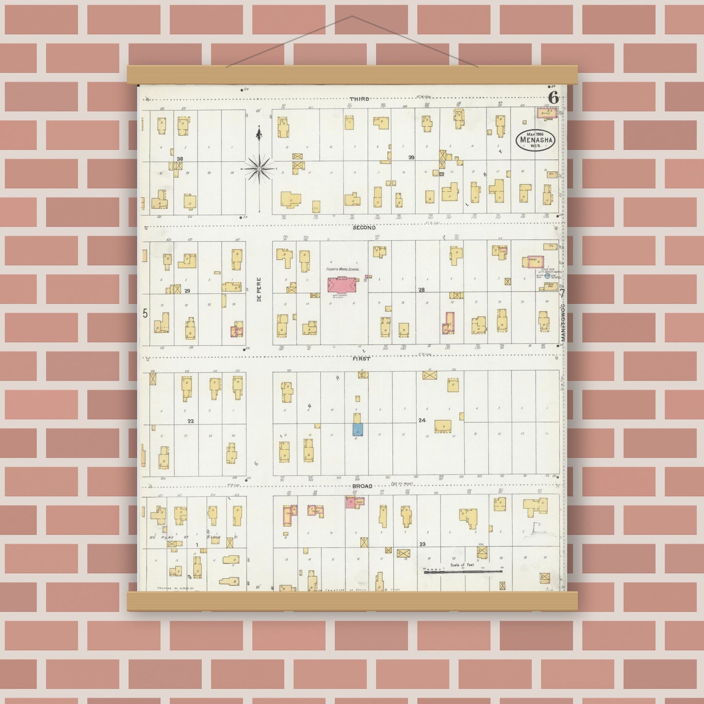 Old map wall art mockup — magnetic wood frame on brick wall — Sanborn Fire Insurance Map from Menasha, Winnebago County, Wisconsin (1906), Sheet #0006